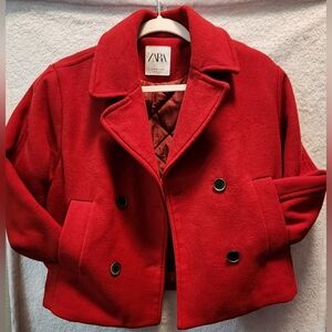Zara Button Down Pea Coat Girls Size 9-10 RED